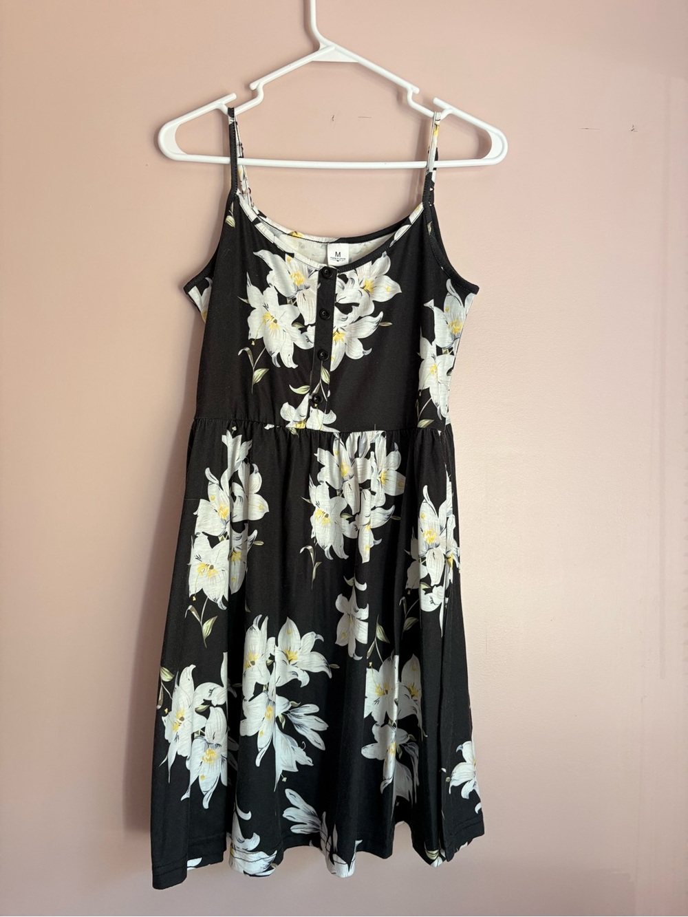 Black Floral Spaghetti-Strap Dress with White Lily Print